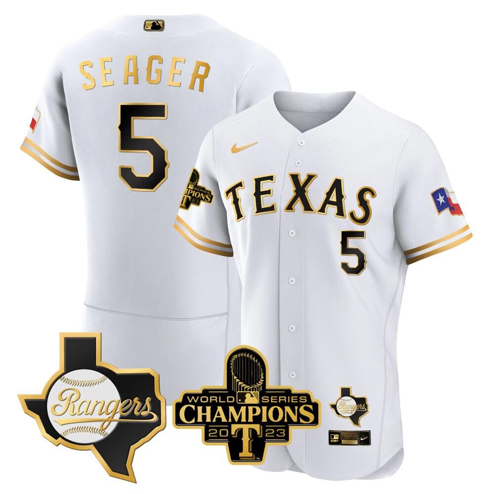 Men's Texas Rangers #5 Corey Seager White Gold 2023 World Series Flex Base Stitched Baseball Jersey
